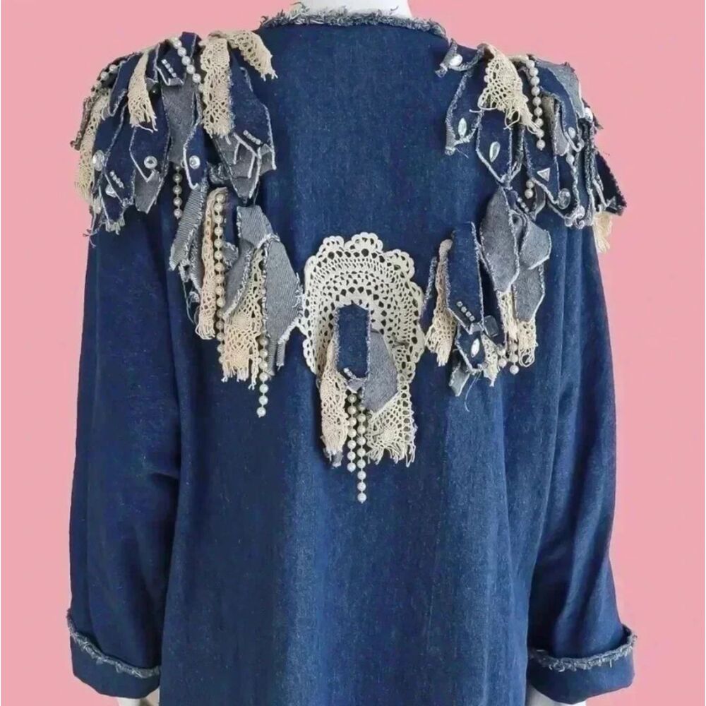 Denim Maxi Duster Coat Patchwork Boho Western Festival Fringe Rare Large - Picture 5 of 6